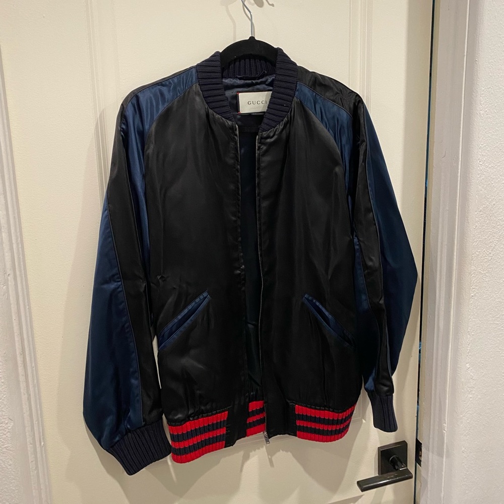 $2,300 GUCCI acetate bird embroidered bomber jacket 50